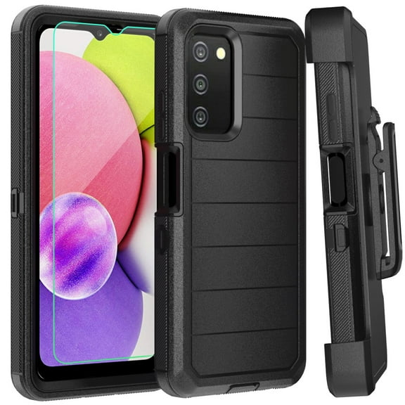 Xhy Samsung Galaxy A03S Case with Belt Clip Holster and Screen Protector Military Grade Full Body Multilayer Drop Shock Protection 3 in 1 Rugged Durable Detachable for Samsung A03S Phone - Black