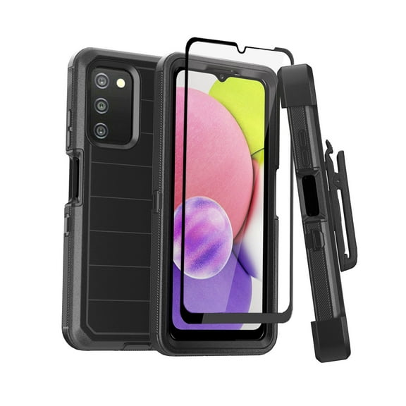Xhy Samsung Galaxy A03S Case with Belt Clip Holster and Screen Protector Military Grade Full Body Multilayer Drop Shock Protection 3 in 1 Rugged Durable Detachable for Samsung A03S Phone - Black