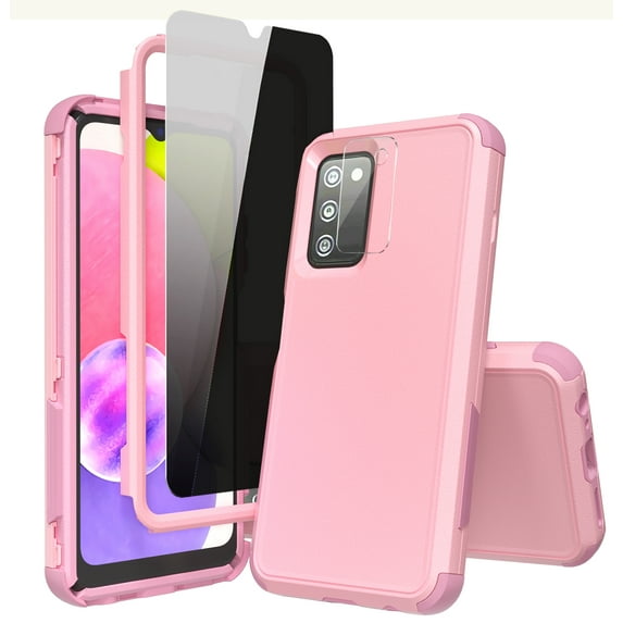 Xhy Samsung Galaxy A03S Case with Privacy Screen and Lens Protector Military Grade Full Body Protection 3 in 1 Shock Drop Resistant Rugged Rubber TPU Durable Detachable for Galaxy A03S Phone - Pink