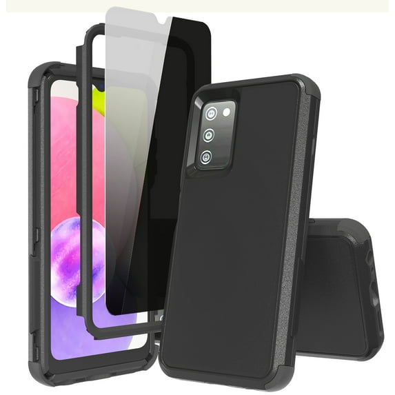 Xhy Samsung Galaxy A03S Case with Privacy Screen Protector Military Grade Full Body Protection 3 in 1 Shock Drop Resistant Rugged Rubber TPU Durable Detachable for Galaxy A03S Phone - Black