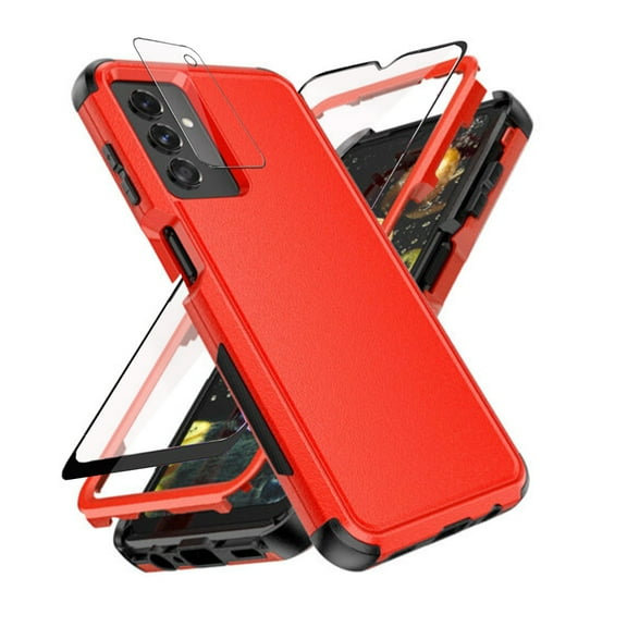 Xhy Samsung Galaxy A03S Case with Screen and Lens Protector Military Grade Full Body Protection 3 in 1 Shock Drop Resistant Rugged Rubber TPU Durable Detachable for Galaxy A03S Phone - Red