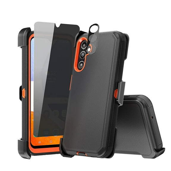 Xhy Samsung Galaxy A14 5G Case with Belt Clip Holster and Privacy Screen and Lens Protector Military Grade Heavy Duty 3 in 1 Shockproof Armor Rugged Durable for Galaxy A14 5G Phone - Black+Orange