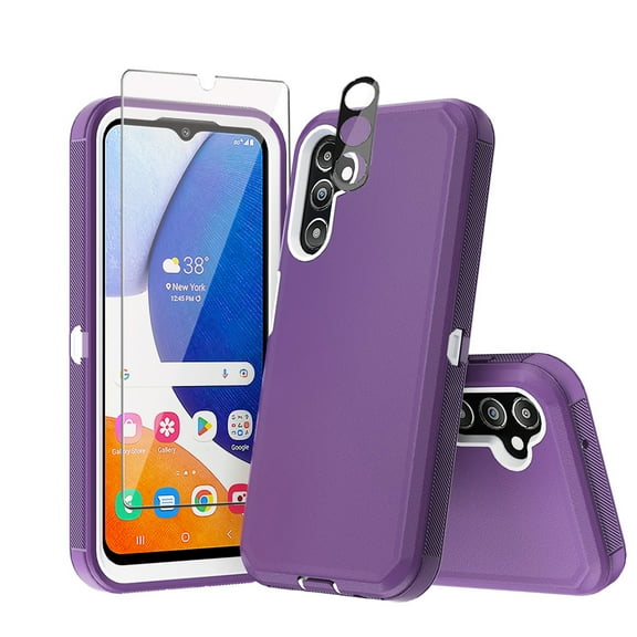 Xhy Samsung Galaxy A15 5G Case with Screen and Lens Protector Military Grade Heavy Duty Protection 3 in 1 Shockproof Armor Rugged Durable for Galaxy A15 5G Phone - Purple+White