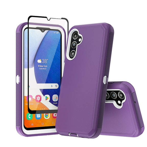 Xhy Samsung Galaxy A15 5G Case with Screen Protector Military Grade Heavy Duty Protection 3 in 1 Shockproof Armor Rugged Durable for Galaxy A15 5G Phone - Purple+White
