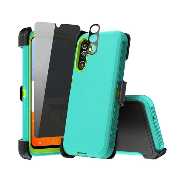 Xhy Samsung Galaxy A25 5G Case with Belt Clip Holster+Privacy Screen+Lens Protector Military Grade Protection 3 in 1 Shockproof Armor Durable Detachable for Galaxy A25 5G Phone - Green+Yellow