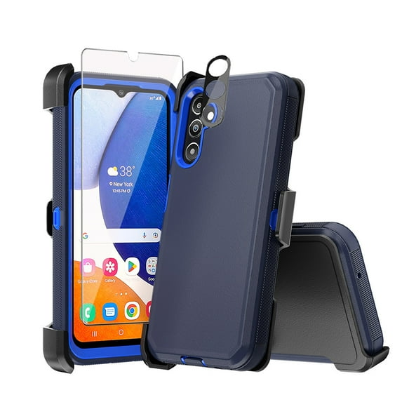 Xhy Samsung Galaxy A25 5G Case with Belt Clip Holster+Screen and Lens Protector Military Grade Protection 3 in 1 Shockproof Armor Rugged Durable Detachable for Galaxy A25 5G Phone - Dark Blue+Blue
