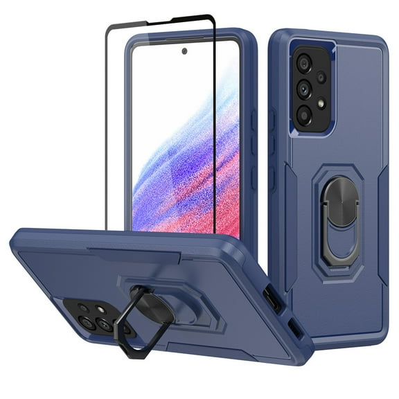 Xhy Samsung Galaxy A53 5G Case with Screen Protector Military Grade Shockproof Cover Ring Holder Kickstand Support Magnetic Car Mount Dual Layer Protective Phone Case (Blue)