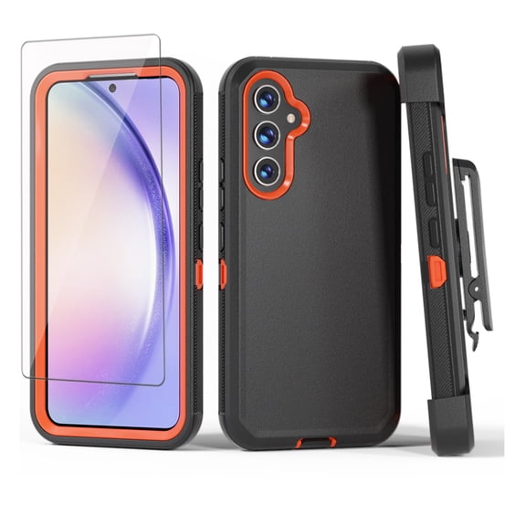 Xhy Samsung Galaxy A54 5G Case with Screen Protector and Belt Clip Holster Military Grade Heavy Duty 3 in 1 Shockproof Armor Rugged Durable for Galaxy A54 5G Phone - Black+Orange
