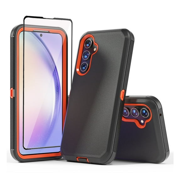 Xhy Samsung Galaxy A54 5G Case with Screen Protector Military Grade Heavy Duty 3 in 1 Shockproof Armor Rugged Durable for Galaxy A54 5G Phone - Black+Orange