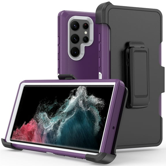 Xhy Samsung Galaxy S22 Ultra Case Heavy Duty Hard Shockproof Armor Protector phone Case Cover with Belt Clip Holster (Purple+White)