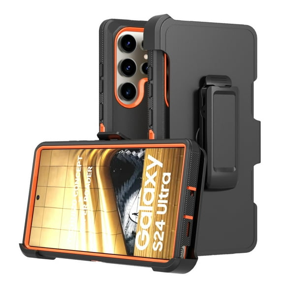 Xhy Samsung Galaxy S24 Case with Belt Clip Holster Military Grade Heavy Duty Protection 3 in 1 Shockproof Armor Rugged Durable Detachable for Galaxy S24 Phone - Black+Orange
