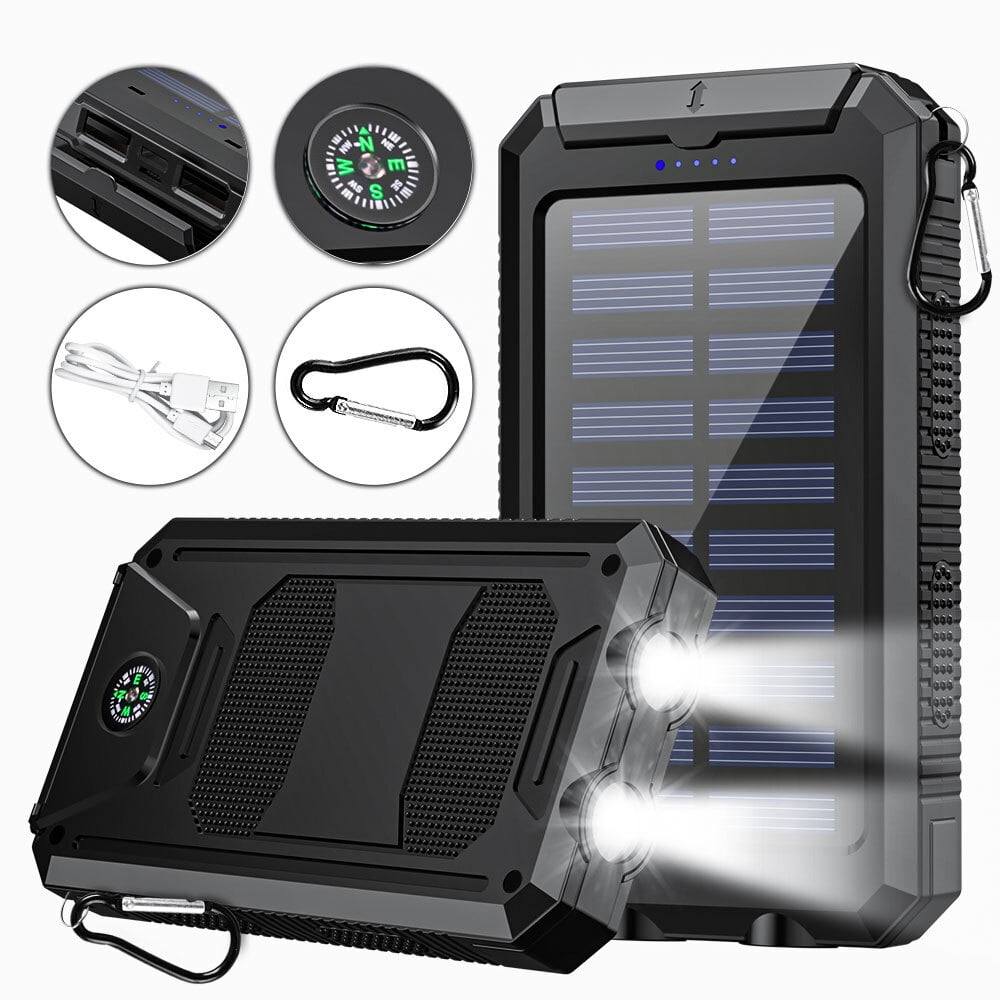 Xhy Solar Power Bank 20000mAh with 4 Cables Fast Charging External Battery Portable Solar Charger Built-in Led Flashlight Black