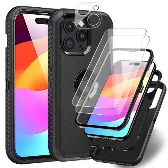 Xhy for iPhone 15 Case with Screen and Lens Protector Military Grade Heavy Duty 3 in 1 Shockproof Armor iPhone 15 6.1 inch 2023 Phone - Black