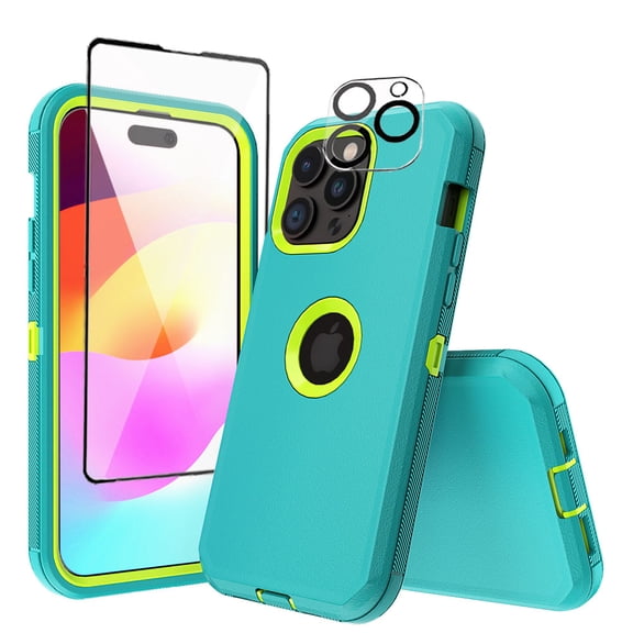 Xhy for iPhone 15 Case with Screen and Lens Protector Military Grade Heavy Duty 3 in 1 Shockproof Armor iPhone 15 6.1 inch 2023 Phone - Green+Yellow