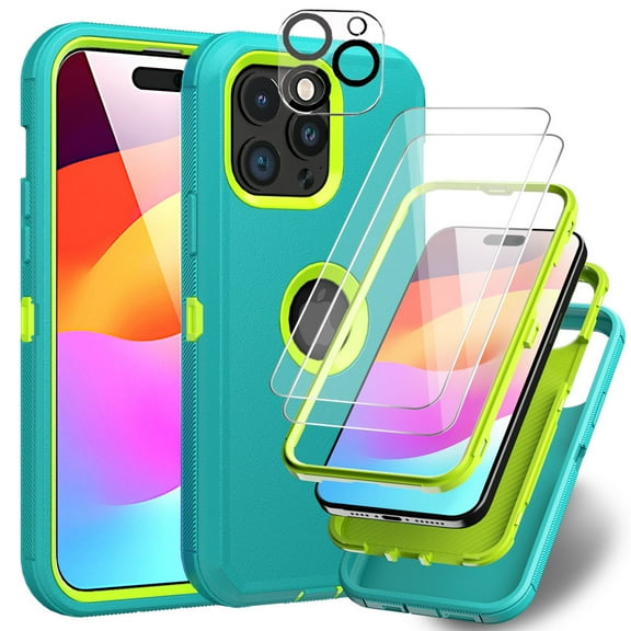 Xhy for iPhone 15 Case with Screen and Lens Protector Military Grade Heavy Duty 3 in 1 Shockproof Armor iPhone 15 6.1 inch 2023 Phone - Green+Yellow