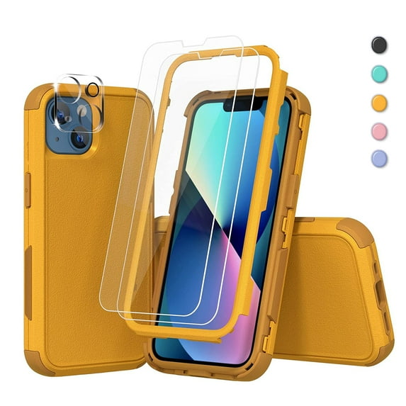 Xhy for iPhone 13 Case with Screen Protector & Camera Lens Protector Rugged Rubber Durable 3 in 1 Protective Phone Cover for Girl Men Women Cute (Yellow)