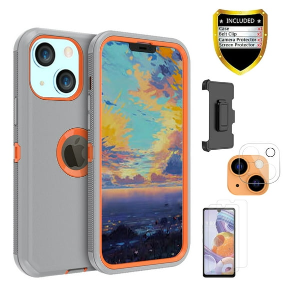Xhy iPhone 13 Case + Screen Protectors + Belt Clip Holster + Camera Lens Protector, Heavy Duty Hard Shockproof Armor Protector Case (Gray+Orange)