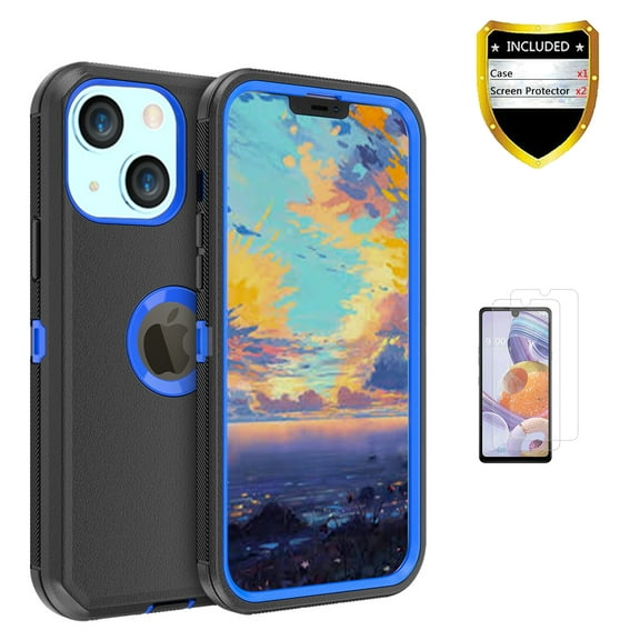Xhy iPhone 13 Case + Screen Protectors, Heavy Duty Hard Shockproof Armor Protector Case Cover for iPhone 13 Phone Case (Black+Dark Blue)