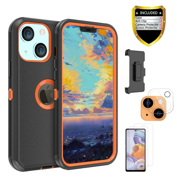 Xhy iPhone 13 Mini Case + Screen Protectors + Belt Clip Holster + Camera Lens Protector, Heavy Duty Hard Shockproof Armor Protector Case (Black+Orange)