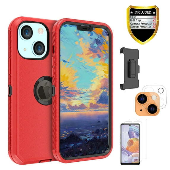 Xhy iPhone 13 Mini Case + Screen Protectors + Belt Clip Holster + Camera Lens Protector, Heavy Duty Hard Shockproof Armor Protector Case (Red+Black)
