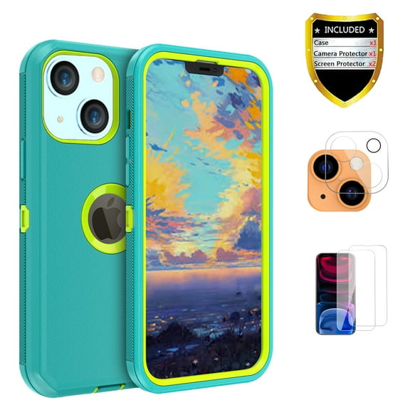 Xhy iPhone 13 Mini Case + Screen Protectors + Camera Lens Protector, Heavy Duty Hard Shockproof Armor Protector Case (Green+Yellow)