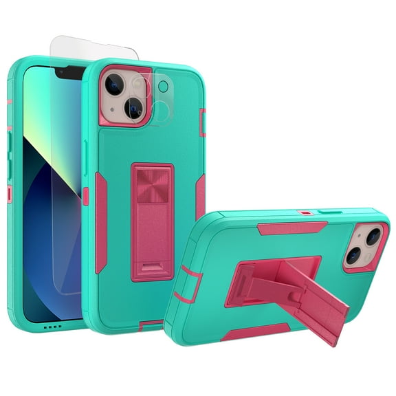 Xhy iPhone 13 Mini Case with Stand, 2x Screen Protector + 1x Camera Lens Protector, Military Grade Case with Magnetic Car Mount, 5.4 inch Cover for Men Women, Green & Rose red