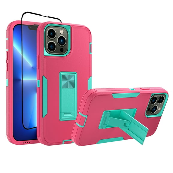 Xhy iPhone 13 Pro Case with Screen Protector Tempered Glass, Military Grade Case with Magnetic Car Mount, Hybrid Hard Case, 6.1 inch Cover for Men Women, Rose red & Green