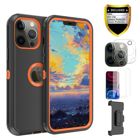 Xhy iPhone 13 Pro Case + Screen Protectors + Belt Clip Holster + Camera Lens Protector, Heavy Duty Hard Shockproof Armor Protector Case (Black+Orange)