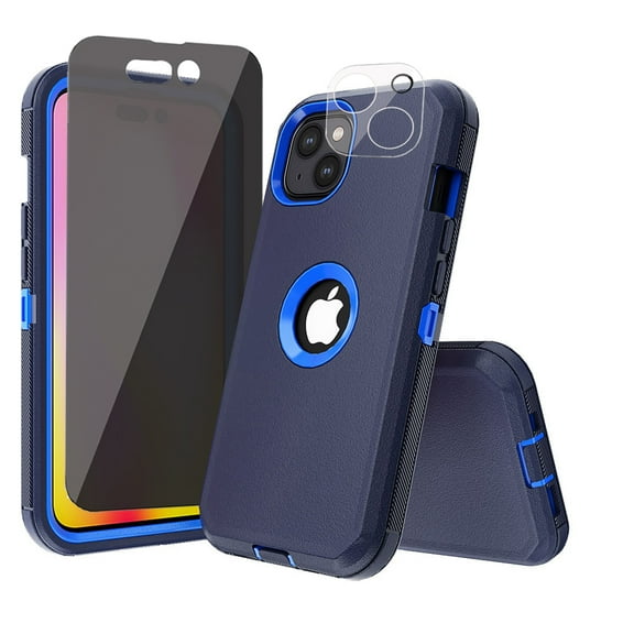 Xhy iPhone 14 Case with Privacy Screen and Lens Protector Military Grade Heavy Duty 3 in 1 Shockproof Armor Durable Detachable for iPhone 14 6.1 inch 2022 Phone -Dark Blue+Blue