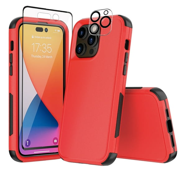 Xhy iPhone 14 Case with Screen and Lens Protector Military Grade Full Body Protection 3 in 1 Shock and Drop Resistant Rugged Rubber TPU Durable Detachable for iPhone 14 6.1 inch 2022 Phone - Red Black