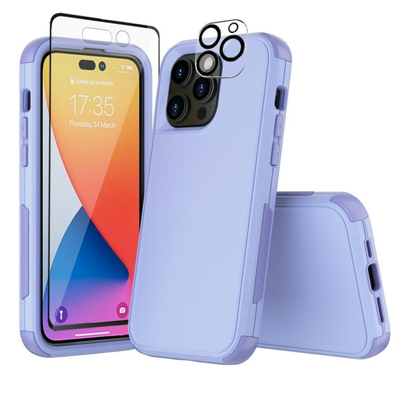 Xhy iPhone 14 Case with Screen and Lens Protector Military Grade Full Body Protection 3 in 1 Shock and Drop Resistant Rugged TPU Durable Detachable for iPhone 14 6.1 inch 2022 Phone - Light Purple