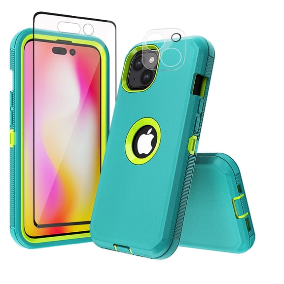 Xhy iPhone 14 Case with Screen and Lens Protector Military Grade Heavy Duty 3 in 1 Shockproof Armor Rugged Durable Detachable for iPhone 14 6.1 inch 2022 Phone - Green+Yellow