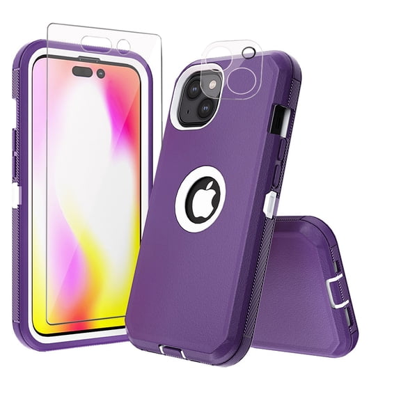 Xhy iPhone 14 Case with Screen and Lens Protector Military Grade Heavy Duty Protection 3 in 1 Shockproof Armor Rugged Durable Detachable for iPhone 14 6.1 inch 2022 Phone -Purple+White