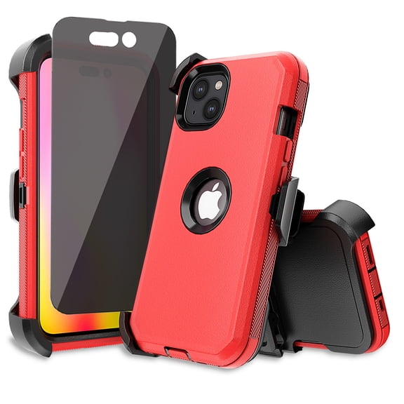 Xhy iPhone 14 Plus Case with Belt Clip Holster and Privacy Screen Protector Military Grade Heavy Duty 3 in 1 Shockproof Armor Durable Detachable for iPhone 14 Plus 6.7 inch 2022 Phone -Red+Black