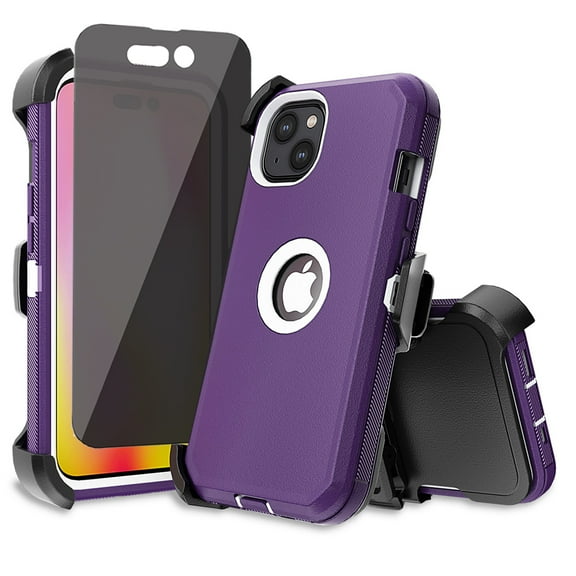 Xhy iPhone 14 Plus Case with Belt Clip Holster and Privacy Screen Protector Military Grade Heavy Duty Shockproof Armor Durable Detachable for iPhone 14 Plus 6.7 inch 2022 Phone - Purple+White