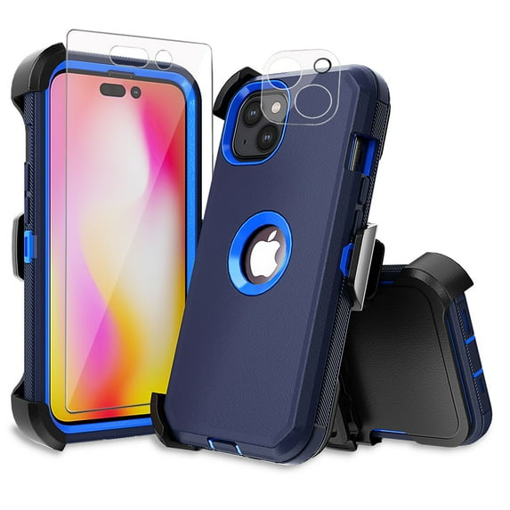 Xhy iPhone 14 Plus Case with Belt Clip Holster+Screen and Lens Protector Military Grade Heavy Duty Shockproof Armor Detachable for iPhone 14 Plus 6.7 inch 2022 Phone -Dark Blue+Blue