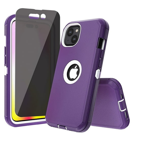 Xhy iPhone 14 Plus Case with Privacy Screen Protector Military Grade Heavy Duty Protection 3 in 1 Shockproof Armor Rugged Durable Detachable for iPhone 14 Plus 6.7 inch 2022 Phone - Purple+White