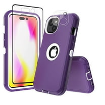 Xhy iPhone 14 Plus Case with Screen and Lens Protector Military Grade Heavy Duty 3 in 1 Shockproof Armor Rugged Durable Detachable for iPhone 14 Plus 6.7 inch 2022 Phone - Purple White