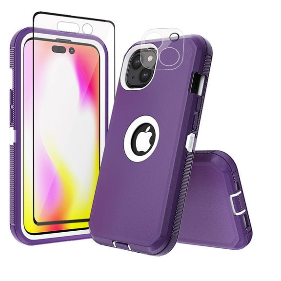 Xhy iPhone 14 Plus Case with Screen and Lens Protector Military Grade Heavy Duty 3 in 1 Shockproof Armor Rugged Durable Detachable for iPhone 14 Plus 6.7 inch 2022 Phone - Purple+White