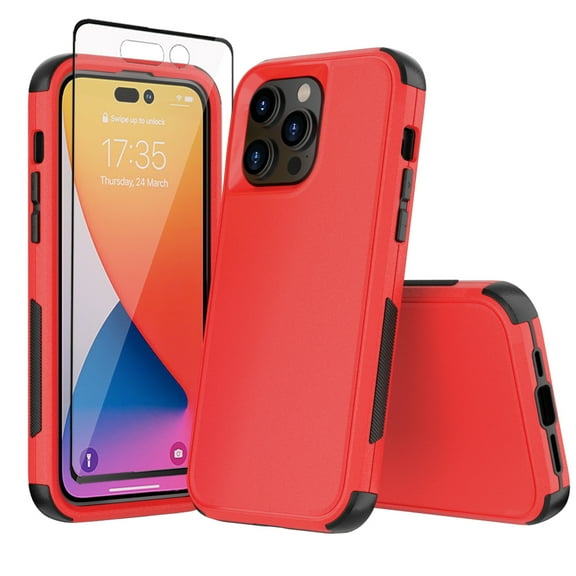 Xhy iPhone 14 Plus Case with Screen Protector Military Grade Full Body Protection 3 in 1 Shock and Drop Resistant Rugged Rubber TPU Durable Detachable for iPhone 14 Plus 6.7 inch 2022 Phone -Red Black