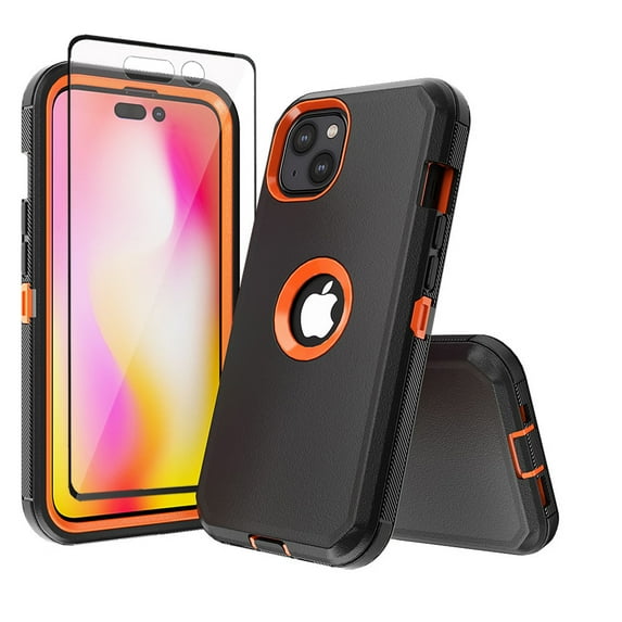 Xhy iPhone 14 Plus Case with Screen Protector Military Grade Heavy Duty Protection 3 in 1 Shockproof Armor Rugged Durable Detachable for iPhone 14 Plus 6.7 inch 2022 Phone - Black+Orange