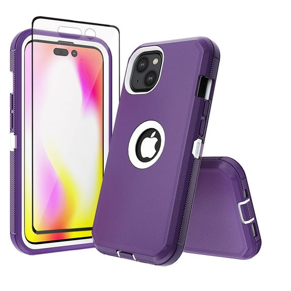 Xhy iPhone 14 Plus Case with Screen Protector Military Grade Heavy Duty Protection 3 in 1 Shockproof Armor Rugged Durable Detachable for iPhone 14 Plus 6.7 inch 2022 Phone - Purple+White
