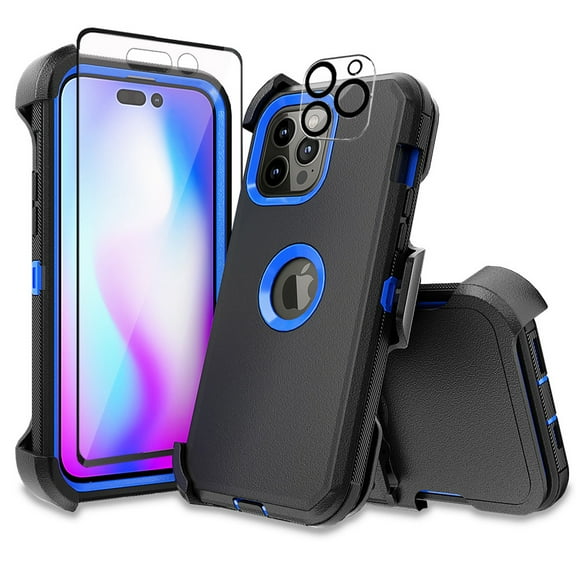 Xhy iPhone 14 Pro Case with Belt Clip Holster+Screen and Lens Protector Military Grade Heavy Duty Shockproof Armor Rugged Durable Detachable for iPhone 14 Pro 6.1 inch 2022 Phone - Dark Blue+Blue