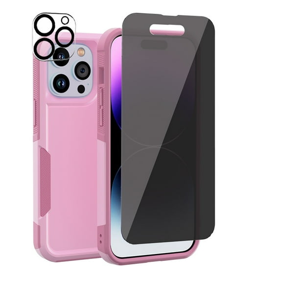 Xhy iPhone 14 Pro Case with Privacy Screen and Lens Protector Double Layer Rugged Drop Resistant Military Grade Full Body Protection TPU Durable Detachable for iPhone 14 Pro 6.1 inch 2022 Phone -Pink