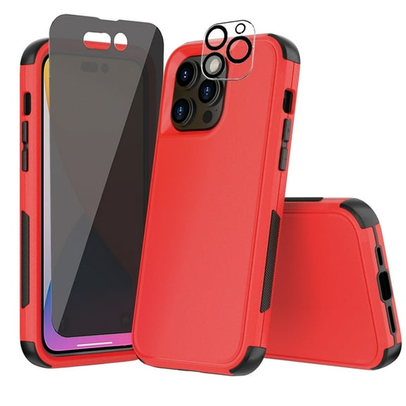 Xhy iPhone 14 Pro Case with Privacy Screen and Lens Protector Military Grade Full Body Protection 3 in 1 Shock Resistant Rugged TPU Durable Detachable for iPhone 14 Pro 6.1 inch 2022 Phone -Red Black