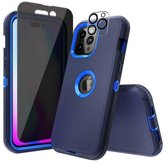 Xhy iPhone 14 Pro Case with Privacy Screen and Lens Protector Military Grade Heavy Duty Protection 3 in 1 Shockproof Armor Durable Detachable for iPhone 14 Pro 6.1 inch 2022 Phone - Dark Blue+Blue