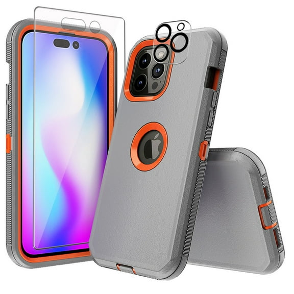 Xhy iPhone 14 Pro Case with Screen Protector Military Grade Heavy Duty Protection 3 in 1 Shockproof Armor Rugged Durable Detachable for iPhone 14 Pro 6.1 inch 2022 Phone - Gray+Orange