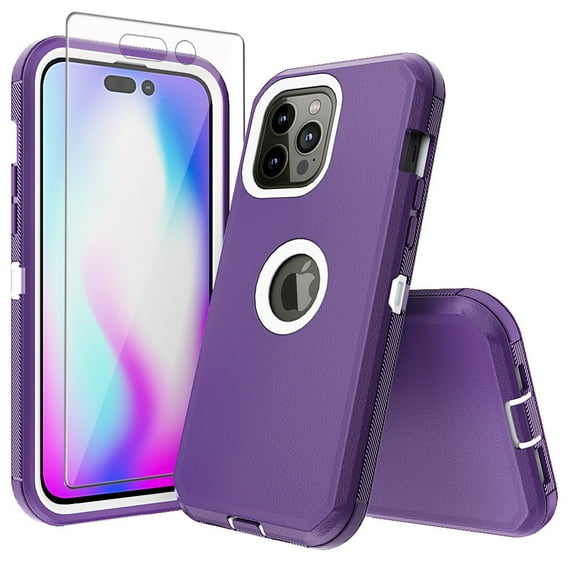 Xhy iPhone 14 Pro Case with Screen Protector Military Grade Heavy Duty Protection 3 in 1 Shockproof Armor Rugged Durable Detachable for iPhone 14 Pro 6.1 inch 2022 Phone - Purple+White