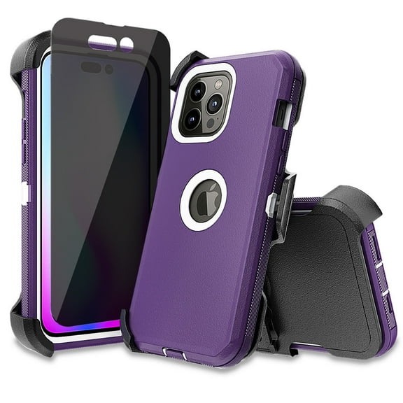 Xhy iPhone 14 Pro Max Case with Belt Clip Holster and Privacy Screen Protector Military Grade Heavy Duty Shockproof Armor Durable Detachable for iPhone 14 Pro Max 6.7 inch 2022 Phone - Purple+White