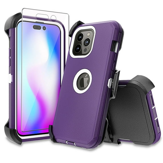 Xhy iPhone 14 Pro Max Case with Belt Clip Holster and Screen Protector Military Grade Heavy Duty Shockproof Armor Durable Detachable for iPhone 14 Pro Max 6.7 inch 2022 Phone - Purple+White